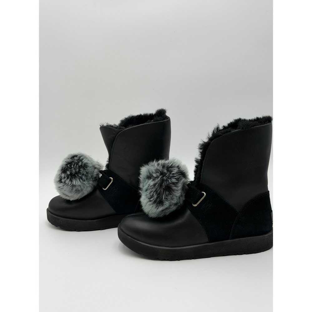 UGG Isley Waterproof Womens 10 Black Leather Suede Pom Pom Vibram Winter Boots